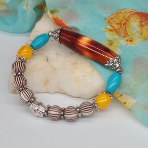 Bracelet Resin Amber Tone Turquoise Stones Silver Stretchy Hypoallergenic